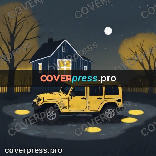 Wax crayon drawing: yellow car in a night yard