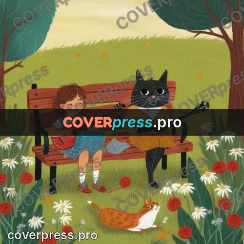 Wax crayon drawing: cats on a park bench