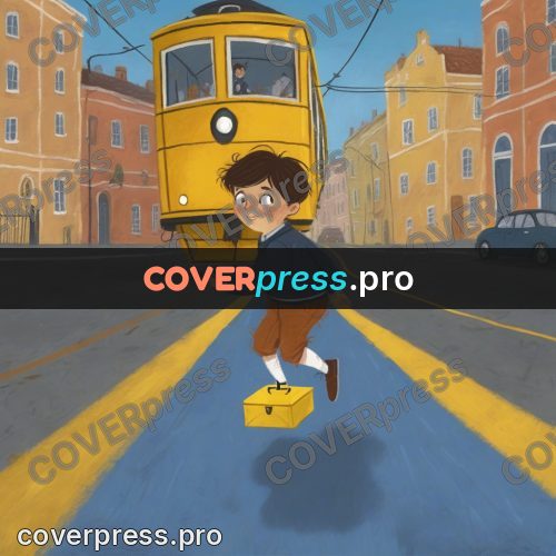 Wax crayon drawing: boy running toward a tram
