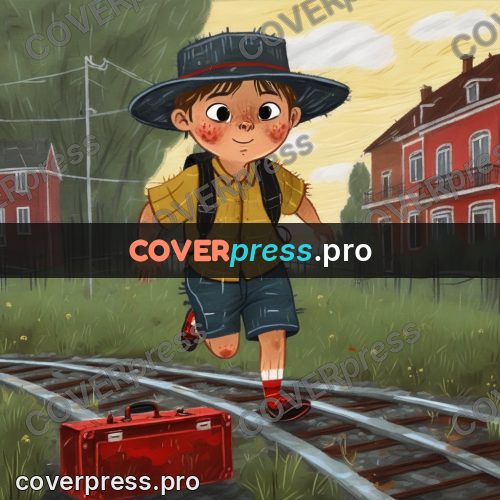 Wax crayon drawing: boy with a suitcase at rails