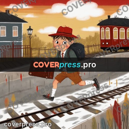 Wax crayon drawing: boy with a suitcase at rails