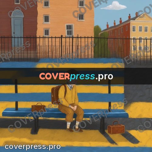 Wax crayon drawing: boy with luggage on a street