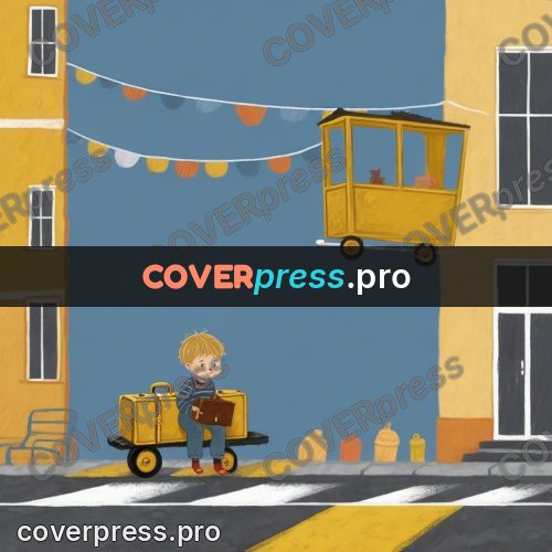 Wax crayon drawing: boy with luggage on a street