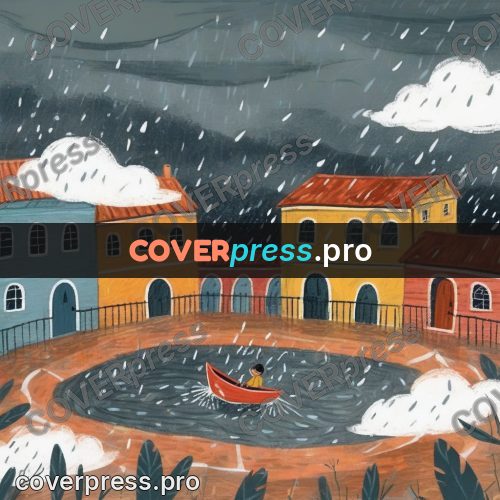Wax crayon drawing: boat in a flooded yard