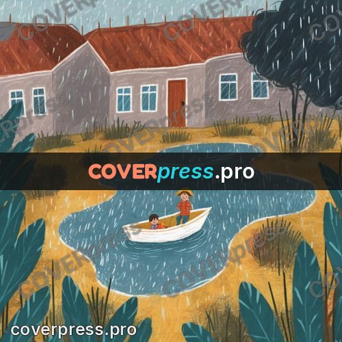 Wax crayon drawing: boat in a flooded yard