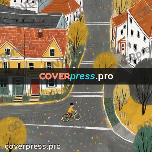 Wax crayon drawing: yard from above with a bicycle