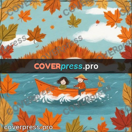 Wax crayon drawing: boat among autumn leaves