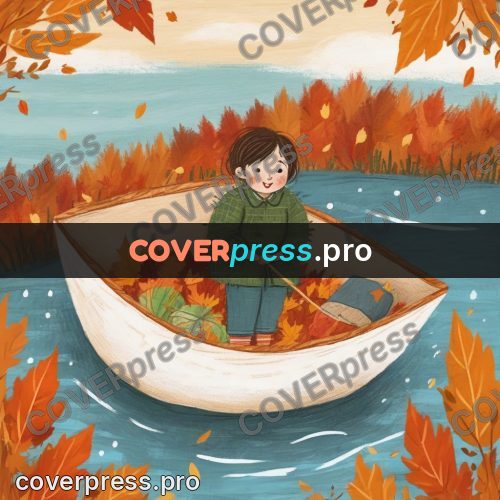 Wax crayon drawing: boat among autumn leaves