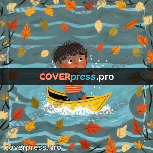 Wax crayon drawing: boy in a boat with spray