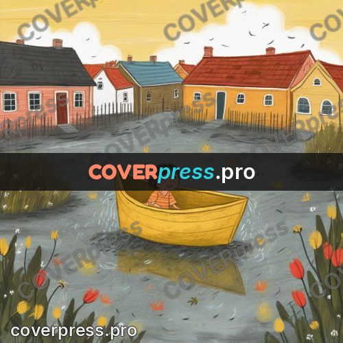 Wax crayon drawing: yard after rain with a boat