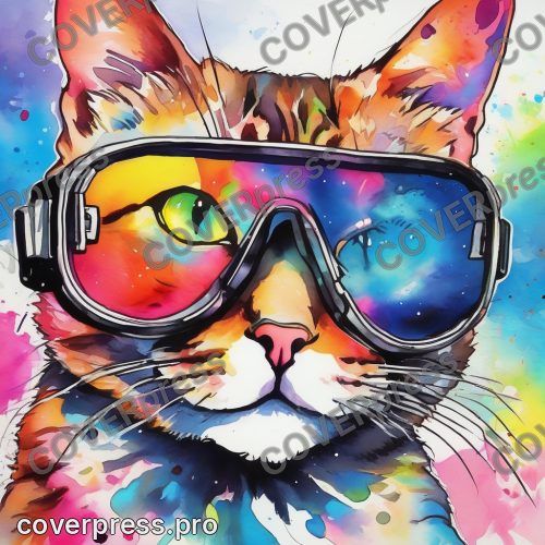 В стиле Акварель по мокрому: голова кота в футуристичных очках, из-под которых вырываются яркие искры и капли краски