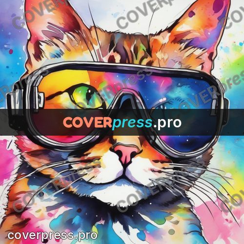 Watercolor illustration: cat in coloured goggles