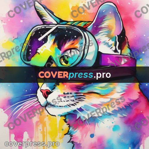 Watercolor illustration: cat in coloured goggles