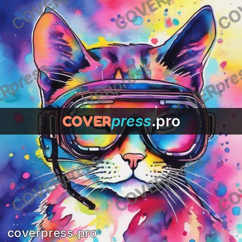 Watercolor illustration: cat in coloured goggles