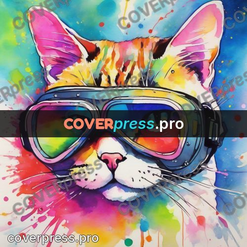 Watercolor illustration: cat in coloured goggles