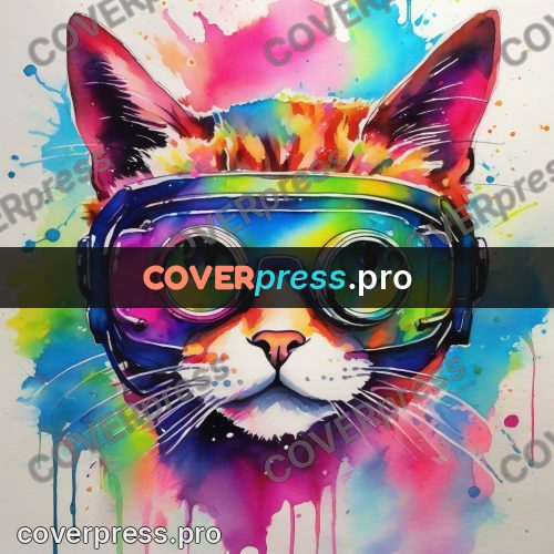 Watercolor illustration: cat in coloured goggles
