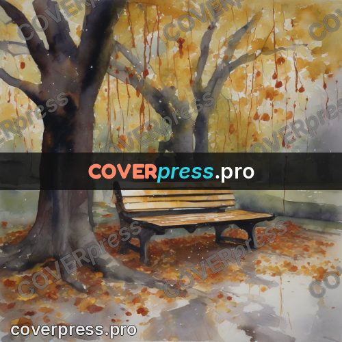 Watercolor illustration: bench under an autumn tree