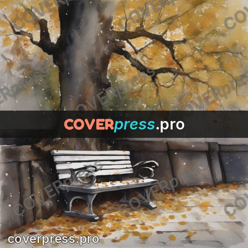 Watercolor illustration: bench under an autumn tree
