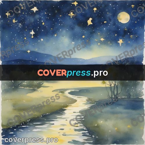 Watercolor illustration: starry sky above a stream