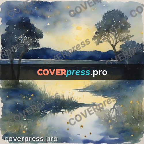 Watercolor illustration: starry sky above a stream