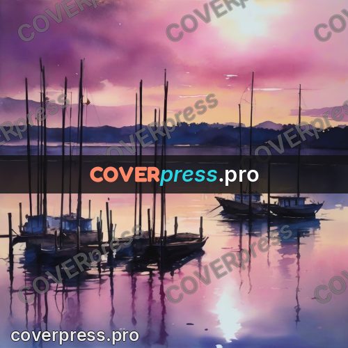 Watercolor illustration: masted boats at sunset
