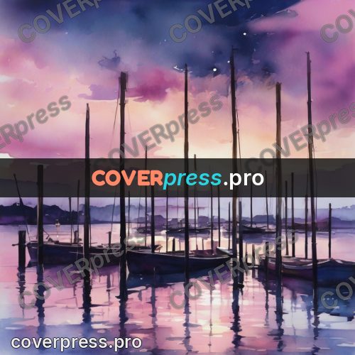 Watercolor illustration: masted boats at sunset
