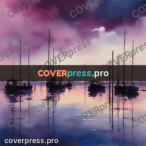 Watercolor illustration: masted boats at sunset