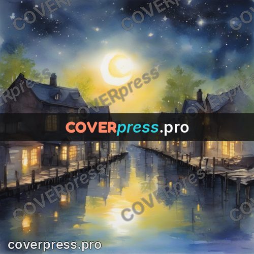 Watercolor illustration: village on water at night