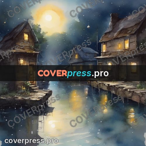 Watercolor illustration: village on water at night