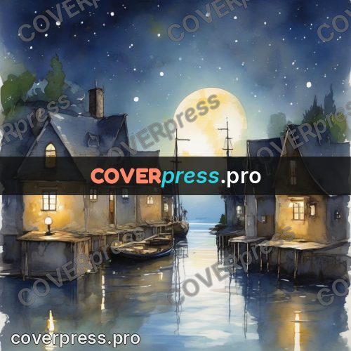 Watercolor illustration: village on water at night
