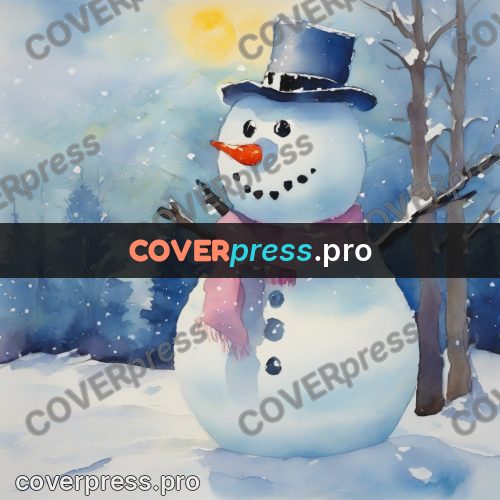 Watercolor illustration: snowman in a winter wood