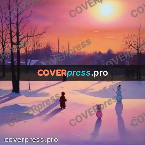 Watercolor illustration: sunset over a snowy yard
