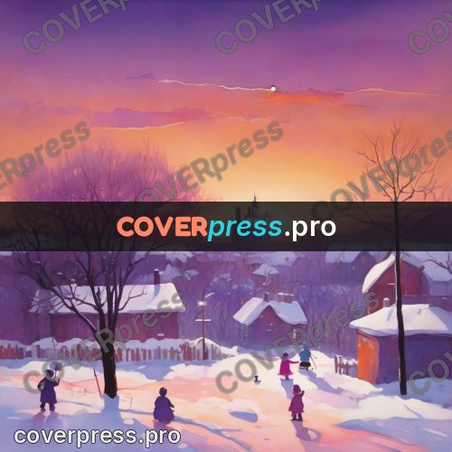 Watercolor illustration: sunset over a snowy yard