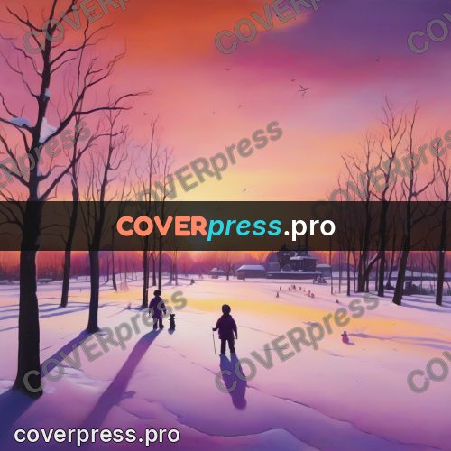 Watercolor illustration: sunset over a snowy yard