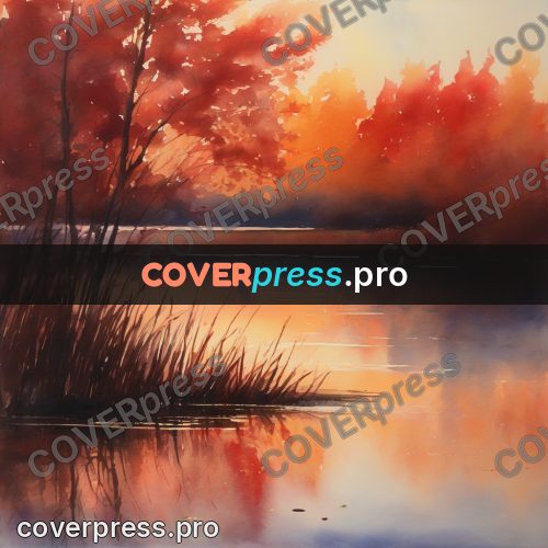 Watercolor illustration: reeds by the water at sunset
