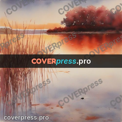 Watercolor illustration: reeds by the water at sunset