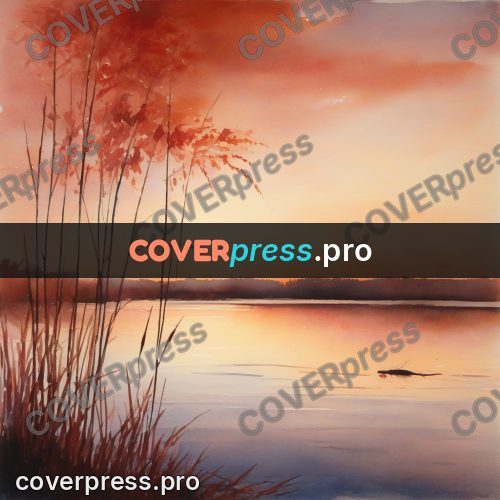 Watercolor illustration: reeds by the water at sunset