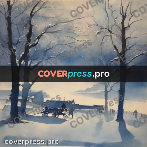 Watercolor illustration: winter yard in blue dusk