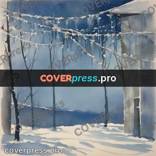 Watercolor illustration: winter yard in blue dusk