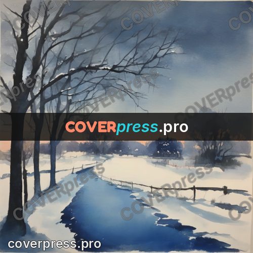 Watercolor illustration: winter yard in blue dusk