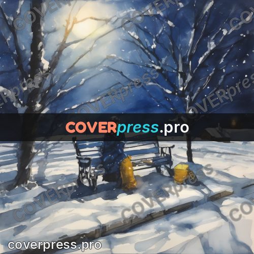 Watercolor illustration: bench in the snow at night