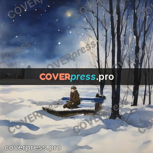 Watercolor illustration: bench in the snow at night