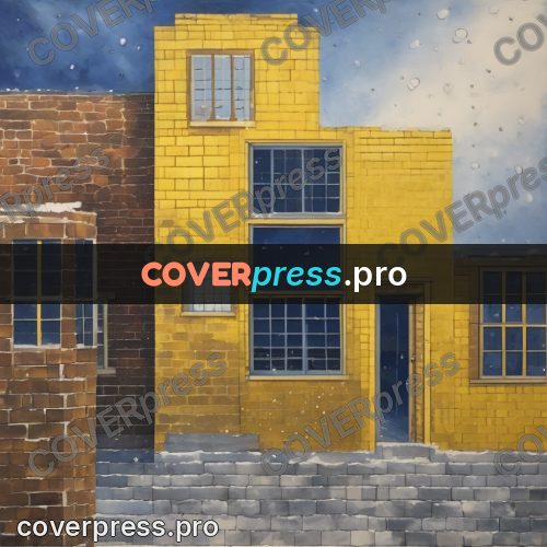 Watercolor illustration: yellow house with blue windows