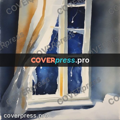 Watercolor illustration: window with a curtain in winter