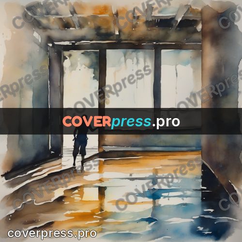 Watercolor illustration: flooded hall with windows