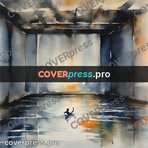 Watercolor illustration: flooded hall with windows