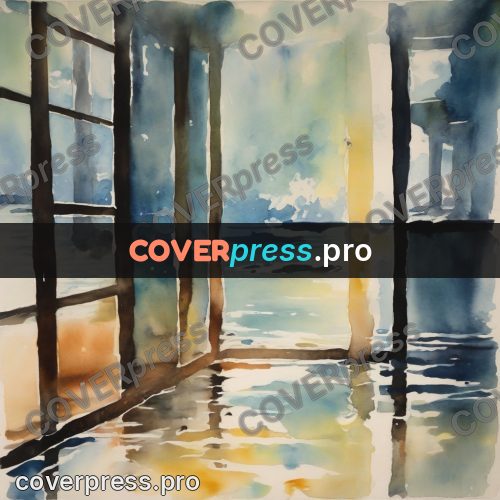 Watercolor illustration: flooded hall with windows