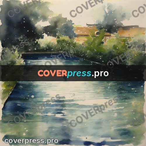 Watercolor illustration: pool among greenery