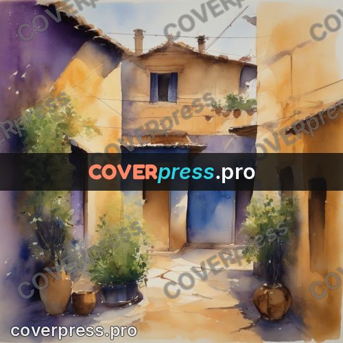 Watercolor illustration: lane between yellow houses