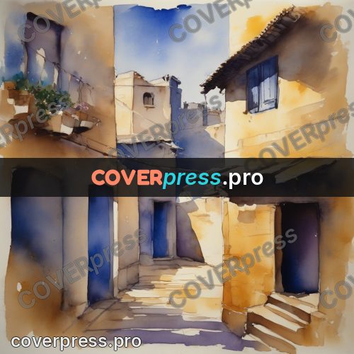 Watercolor illustration: lane between yellow houses